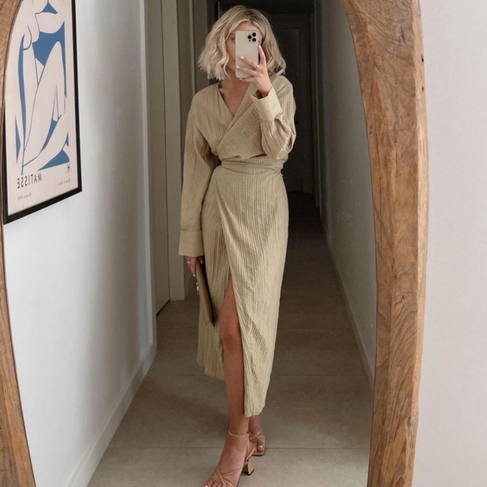ZARA Wrap midi dress cream tan